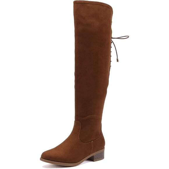 Women's Camel Faux Suede Over The Knee High Side Zip Block Heel Riding Booties - Picture 1 of 6